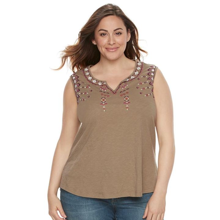 Sonoma Goods For Life, Plus Size &trade; Embroidered Splitneck Tank, Women's, Size: 2xl, Green
