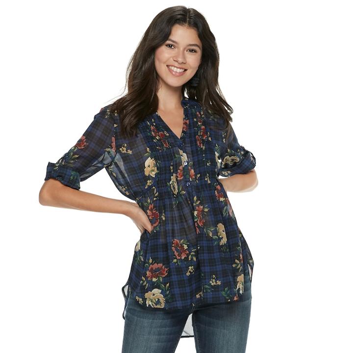 Juniors' American Rag Pintuck Floral Tunic, Teens, Size: Xs, Black