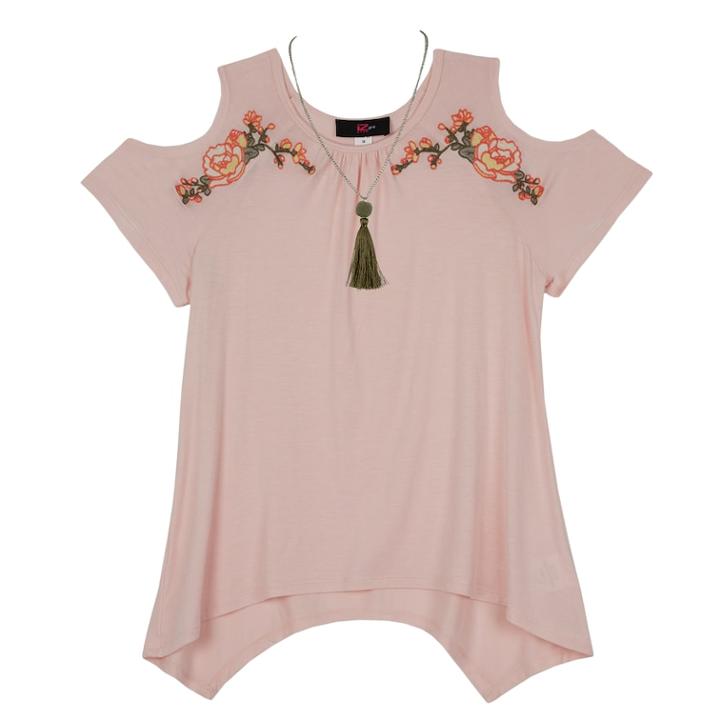 Girls 7-16 Iz Amy Byer Cold Shoulder Embroidered Floral Sharkbite Hem Top With Necklace, Size: Medium, Light Pink