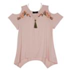 Girls 7-16 Iz Amy Byer Cold Shoulder Embroidered Floral Sharkbite Hem Top With Necklace, Size: Medium, Light Pink