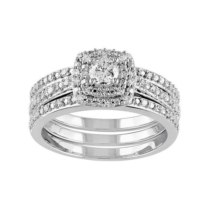 Sterling Silver 1/2 Carat T.w. Diamond Square Halo Engagement Ring Set, Women's, Size: 9, White