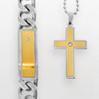 Stainless Steel And Yellow Immersion-plated Stainless Steel Cubic Zirconia Id Bracelet And Cross Pendant Set, Men's, Size: 24, Multicolor