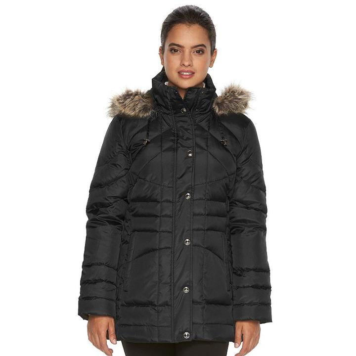 Women's Towne By London Fog Down Hooded Quilted Puffer Jacket, Size: Small, Black