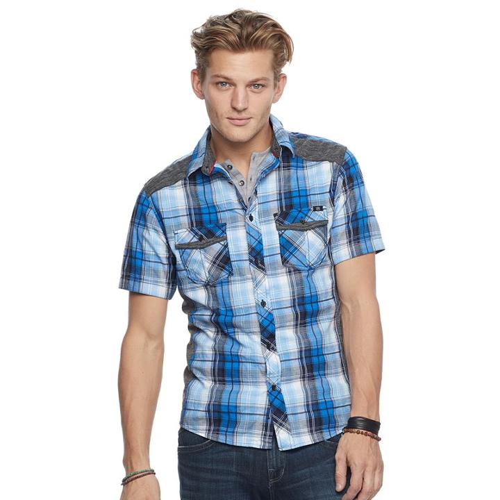 Men's Rock & Republic&reg; Plaid Stretch Button-down Shirt, Size: Small, Dark Blue