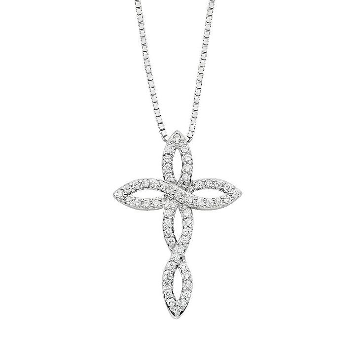 Diamond Essence Crystal & Diamond Accent Sterling Silver Cross Pendant Necklace - Made With Swarovski Crystals, Women's, White