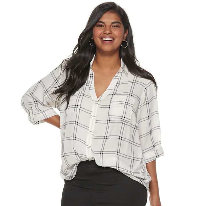 Juniors' Plus Size Iz Byer Roll-tab Shirt, Teens, Size: 2xl, Ivory Black Plaid