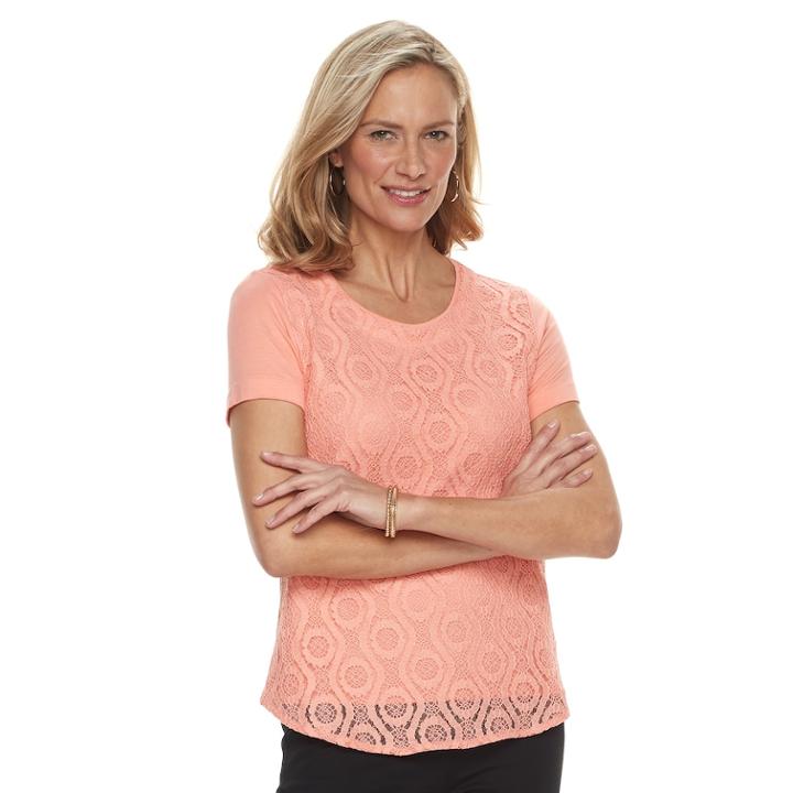 Women's Croft & Barrow&reg; Lace-front Tee, Size: Large, Med Pink