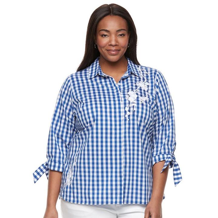 Plus Size Croft & Barrow&reg; Embroidered Button Down With Tie Sleeves, Women's, Size: 3xl, Dark Blue