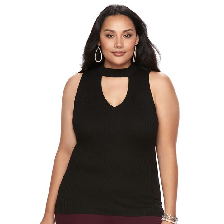 Plus Size Jennifer Lopez Choker Neck Ribbed Tank, Women's, Size: 3xl, Black