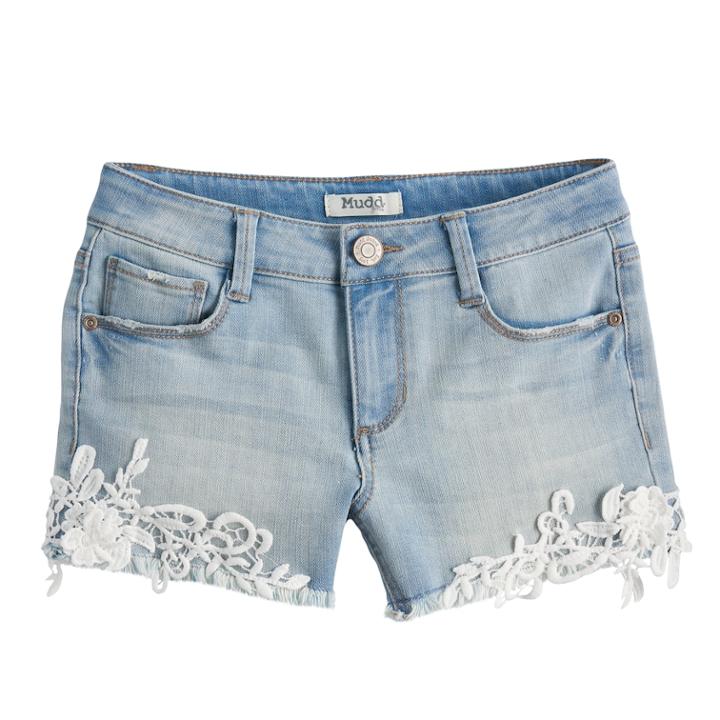 Girls 7-16 & Plus Size Mudd&reg; Lace Hem Shortie Jean Shorts, Size: 8, Blue