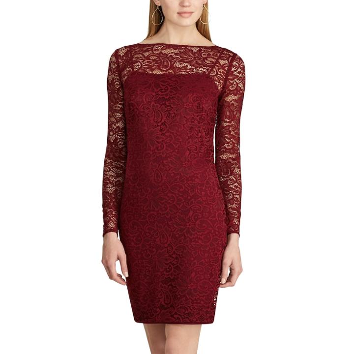 Women's Chaps Lace Long-sleeve Dress, Size: 4, Dark Red