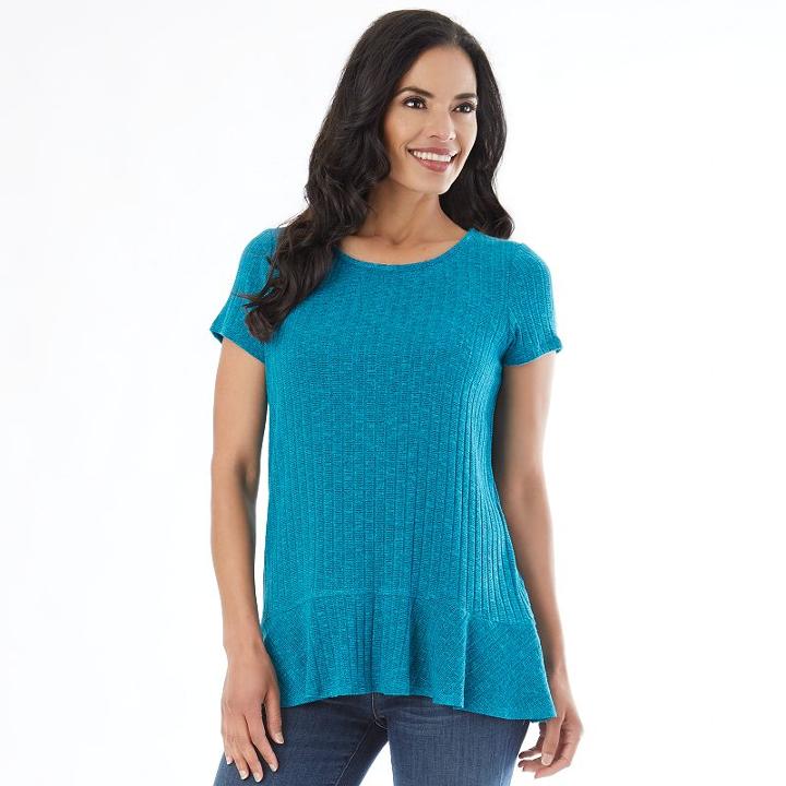 Women's Ab Studio Ribbed Flounce Tee, Size: Regular, Turquoise/blue (turq/aqua)
