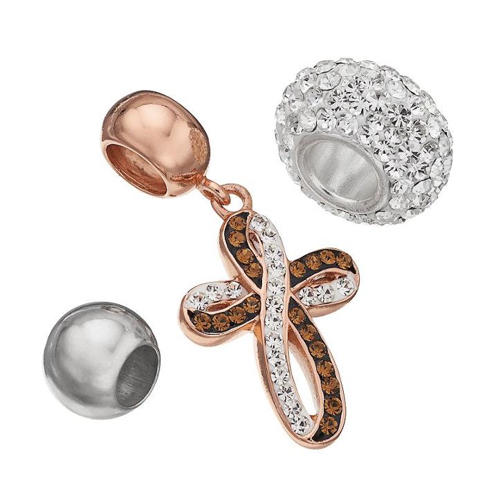 Individuality Beads Crystal Sterling Silver Two Tone Bead And Cross Charm Set, Women's, Multicolor