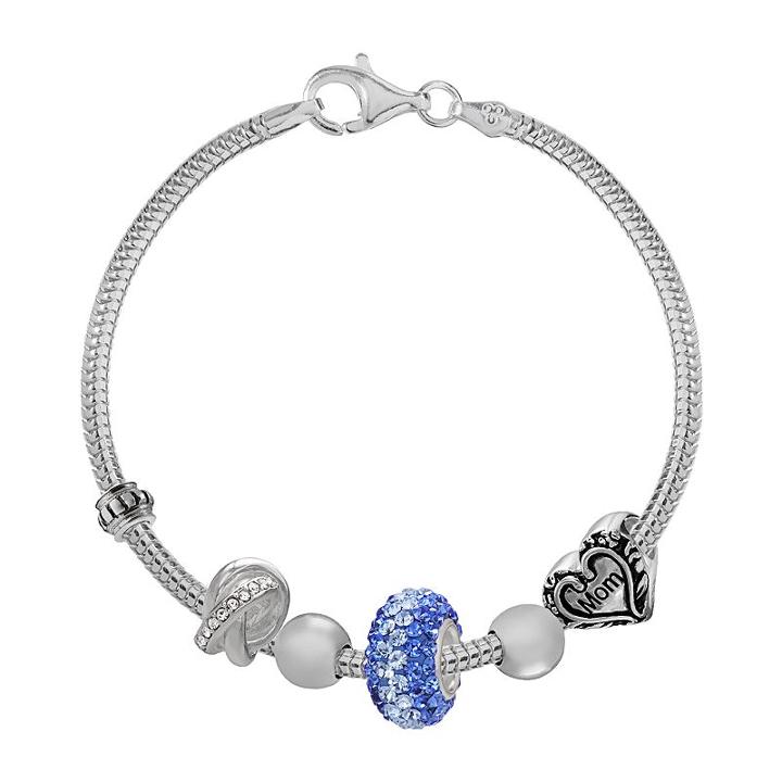 Individuality Beads Sterling Silver Snake Chain Bracelet And Crystal, Mom Heart And Love Knot Bead Set - 7.5-in, Women's, Blue