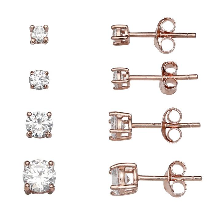 Primrose 14k Rose Gold Over Silver 4-pair Cubic Zirconia Stud Earring Set, Women's, White