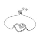 Intertwined Sterling Silver Cubic Zirconia Two Stone Heart Bolo Bracelet, Women's, Size: 7, White