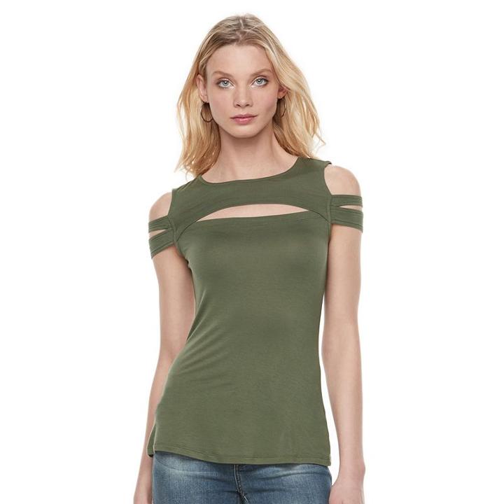 Women's Rock & Republic&reg; Cutout Cold-shoulder Tee, Size: Medium, Dark Green