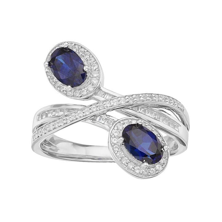 10k White Gold 1/3 Carat T.w. Diamond & Sapphire Oval Halo Bypass Ring, Women's, Size: 6, Blue