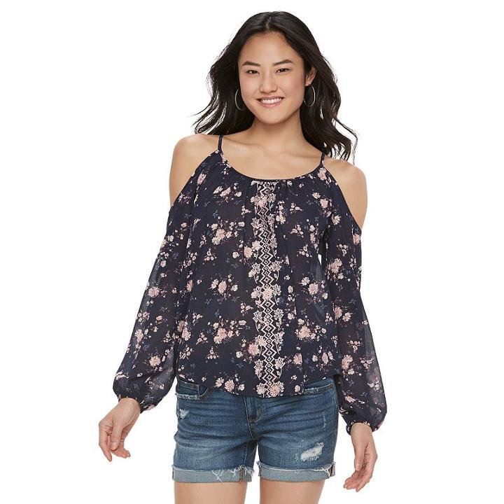Juniors' Rewind Embroidered Print Cold-shoulder Top, Girl's, Size: Large, Brt Blue