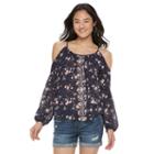 Juniors' Rewind Embroidered Print Cold-shoulder Top, Girl's, Size: Large, Brt Blue