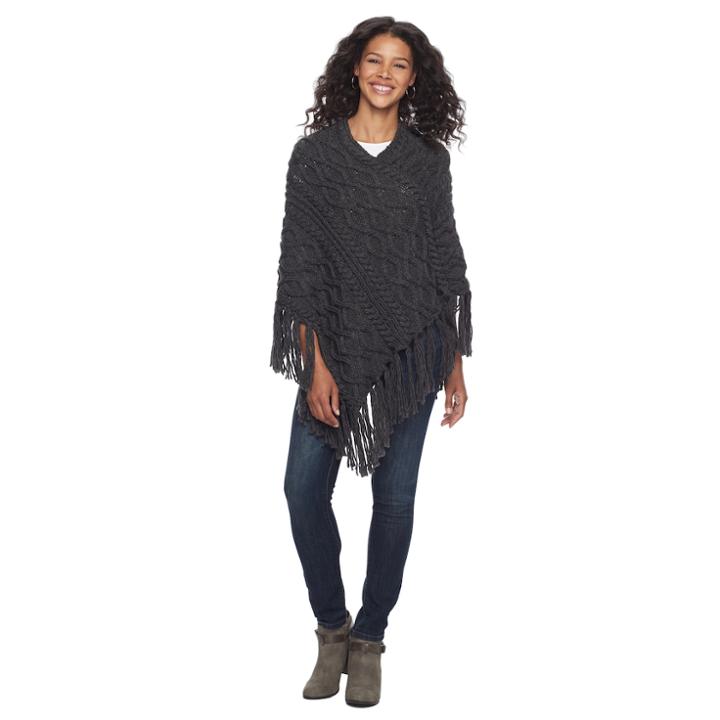 Chaps Fringed Cable-knit Poncho, Women's, Med Grey