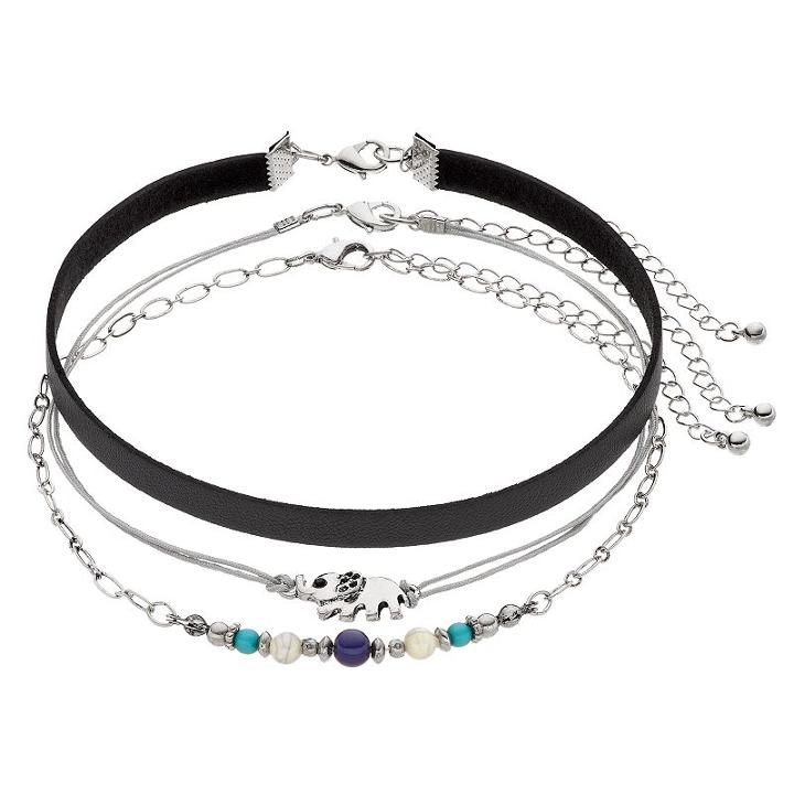 Mudd&reg; Elephant, Beaded & Faux Leather Choker Necklace Set, Women's, Black