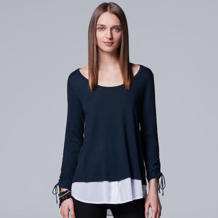 Women's Simply Vera Vera Wang Drawstring Mock-layer Top, Size: Xs, Dark Blue