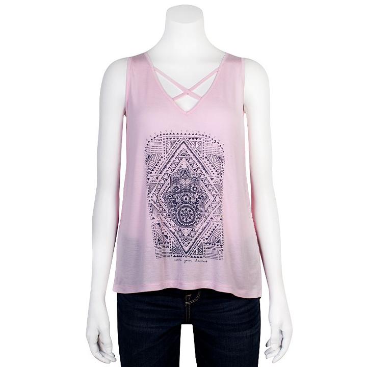 Juniors' Grayson Threads Criss-cross Hamsa Graphic Tank, Teens, Size: Xs, Light Pink