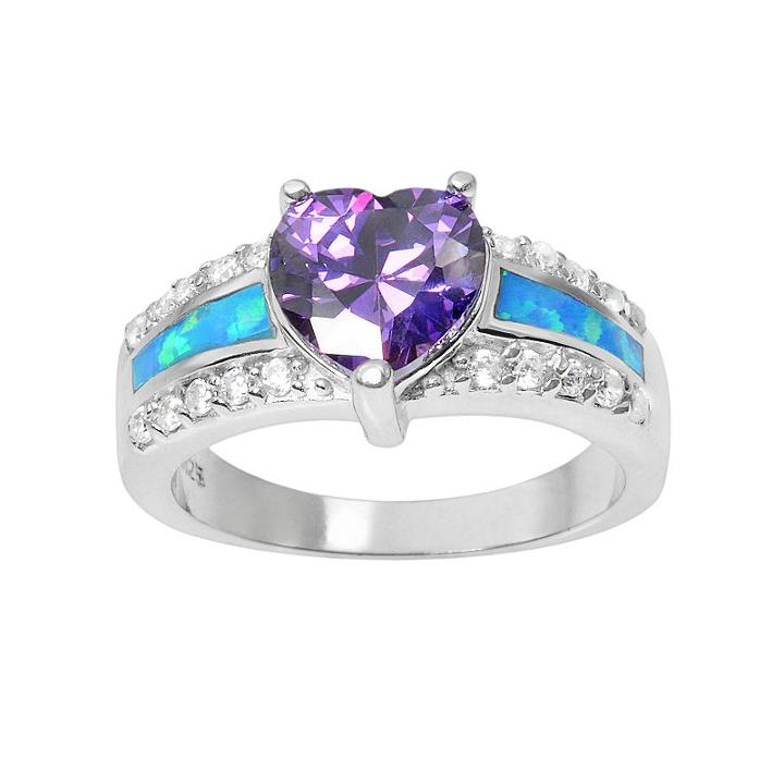 Journee Collection Cubic Zirconia And Simulated Opal Sterling Silver Heart Ring, Women's, Size: 6, Purple