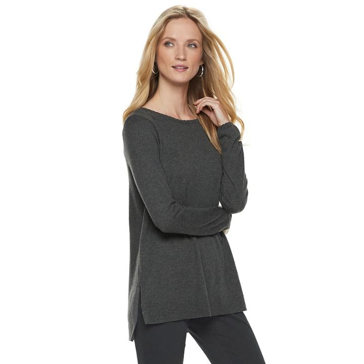 Women's Elle&trade; Lace-trim Bow Tunic Sweater, Size: Small, Dark Grey