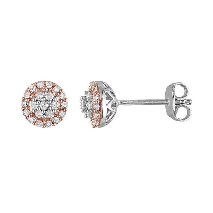 Two Tone Sterling Silver 1/4 Carat T.w. Diamond Halo Stud Earrings, Women's, White