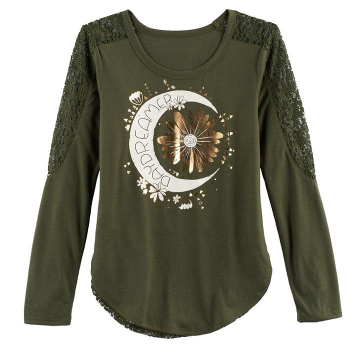 Girls 7-16 & Plus Size Mudd&reg; Pieced Lace Graphic Tee, Size: 12, Dark Green