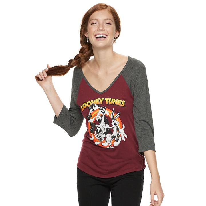 Juniors' Looney Tunes Raglan Tee, Teens, Size: Small, Garnet Charcoal