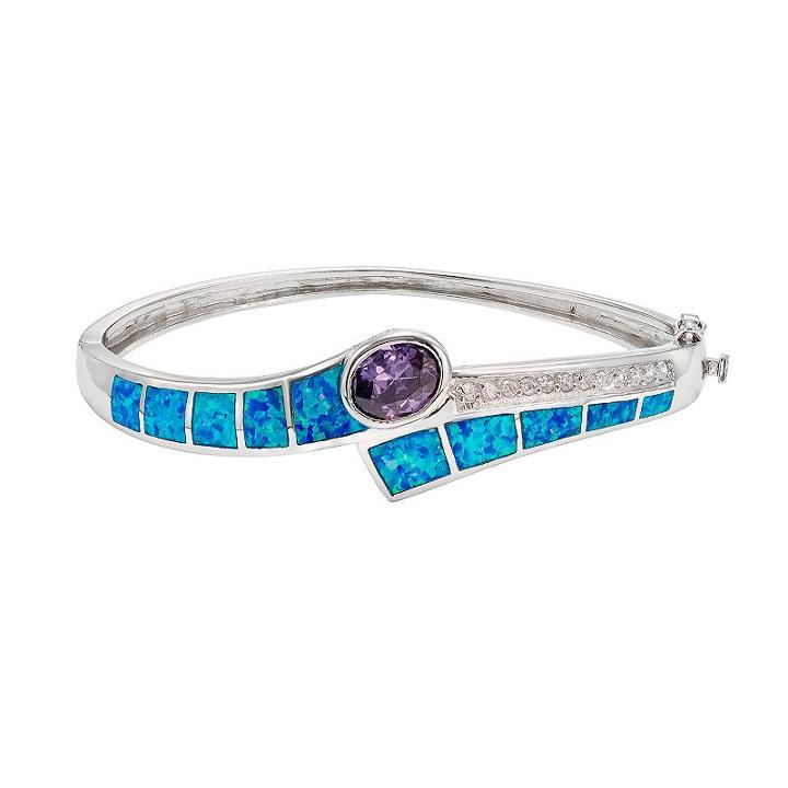 Lab-created Blue Opal & Cubic Zirconia Sterling Silver Bypass Bangle Bracelet, Women's, Size: 7.5, Multicolor