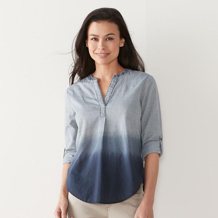 Petite Sonoma Goods For Life&trade; Dip-dyed Roll-tab Shirt, Women's, Size: L Petite, Blue