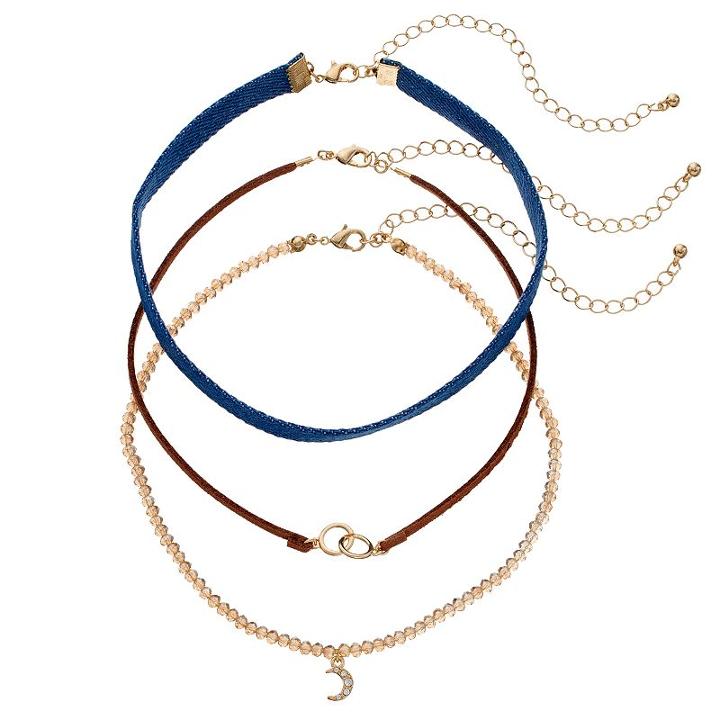 Gs By Gemma Simone Crescent, Circle Link & Denim Choker Necklace Set, Women's, Size: 12.5, Multicolor