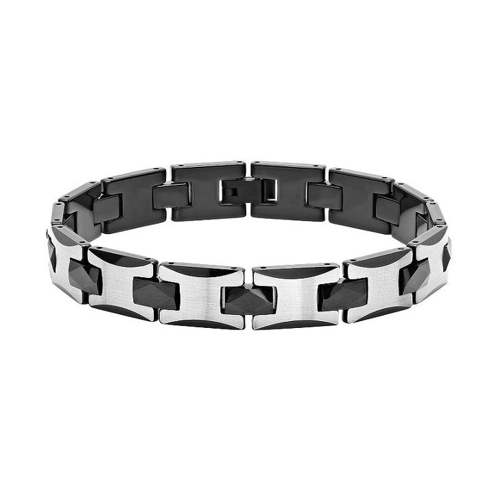 Men's Two Tone Tungsten Carbide Bracelet, Size: 8.5, Black