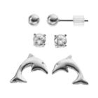 Cubic Zirconia Sterling Silver Dolphin & Ball Stud Earring Set, Women's, Grey
