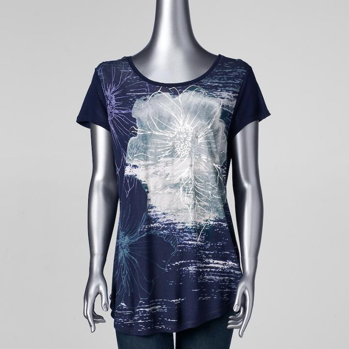 Petite Simply Vera Vera Wang Printed Scoopneck Tee, Women's, Size: Xs Petite, Blue (navy)