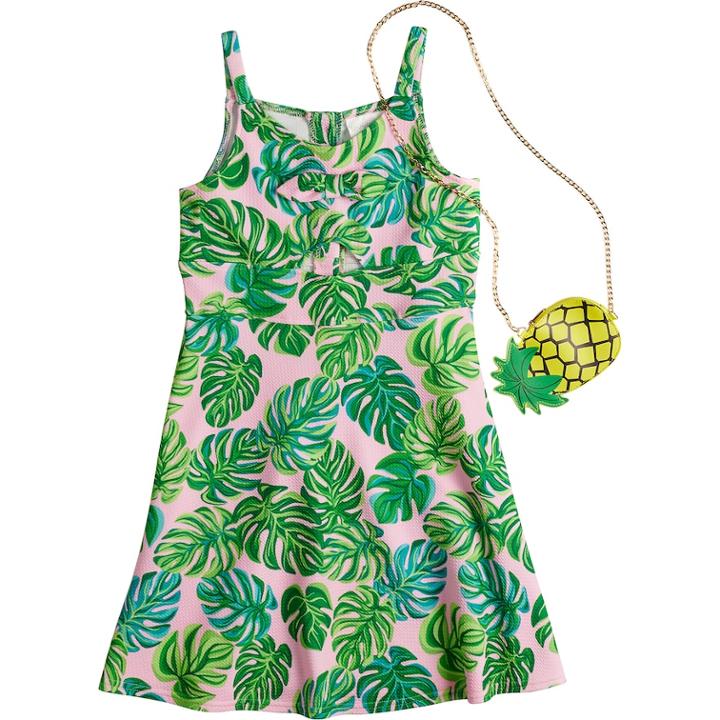 Girls 7-16 Lavender Pique Knit Print Dress With Purse, Size: 7, Pink