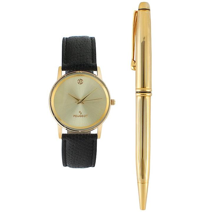 Peugeot Men's Leather Watch & Pen Set, Black