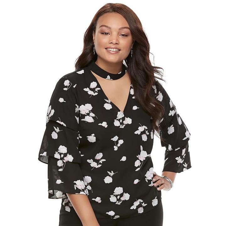 Juniors' Plus Size Candies&reg; Floral Ruffle Choker Top, Teens, Size: 3xl, Black