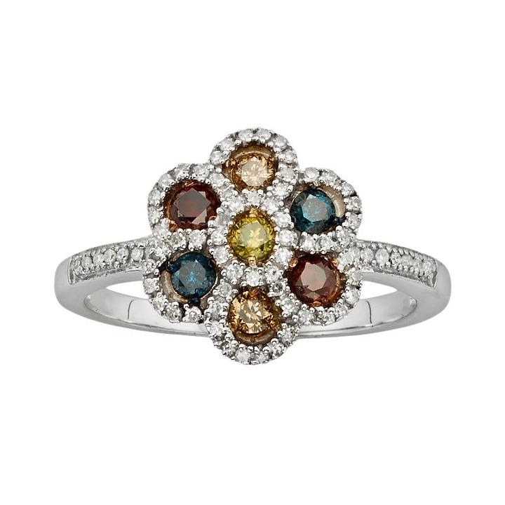 Sterling Silver 1/2-ct. T.w. Diamond Flower Ring, Women's, Size: 7, Multicolor
