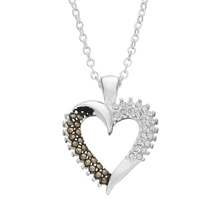 Silver Luxuries Silver-plated Marcasite & Crystal Heart Pendant, Women's, White