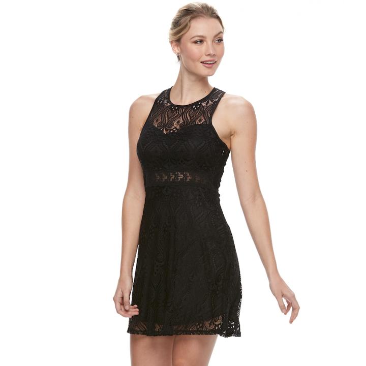Juniors' Liberty Love Illusion Lace Skater Dress, Teens, Size: Large, Black