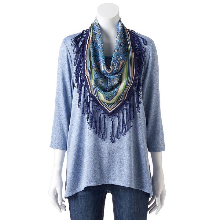 Women's World Unity Fringe Scarf Tee, Size: Large, Dark Blue