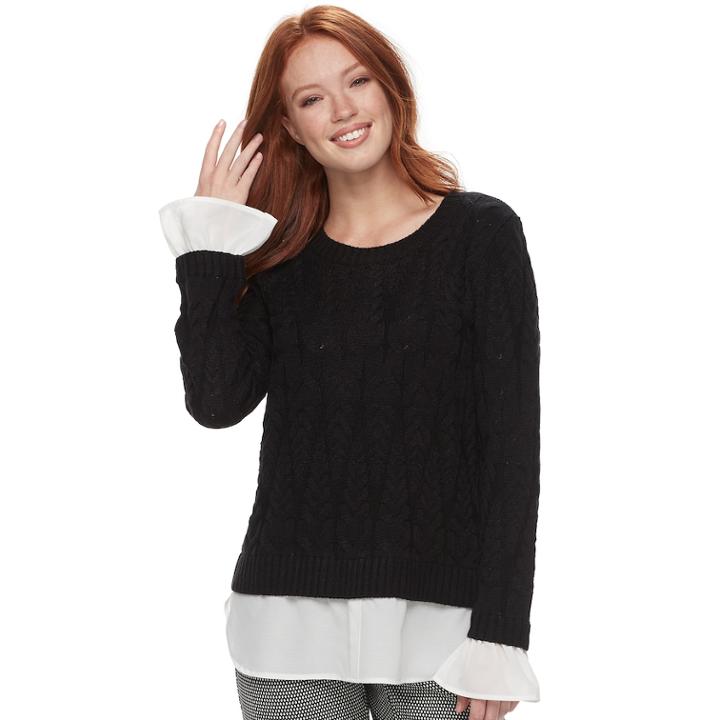 Women's Elle™ Mock-layer Cable Knit Sweater, Size: Xs, Black