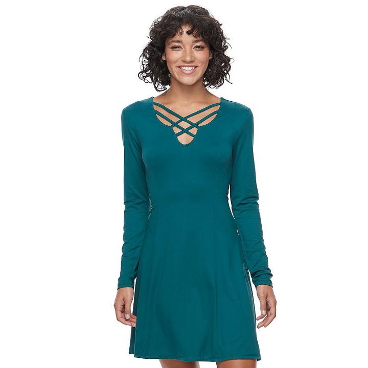 Juniors' Mudd&reg; Fit & Flare Cross Front Dress, Teens, Size: Small, Green