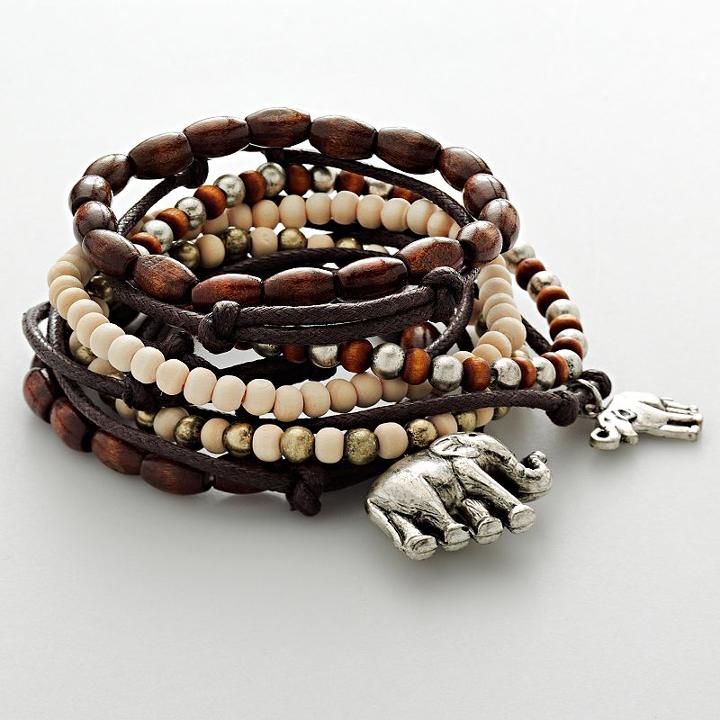 Mudd&reg; Silver Tone Elephant Charm And Wood Bead Stretch Bracelet Set, Women's, Multicolor
