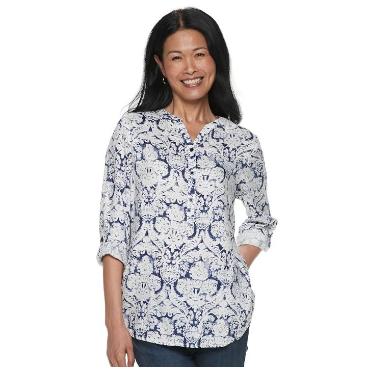 Women's Cathy Daniels Scroll Henley Top, Size: Medium, Blue